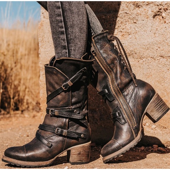 Freebird by Steven CORA Leather Moto Boots Buckle Lace Up Heel Brown Grunge 8 - Picture 1 of 12